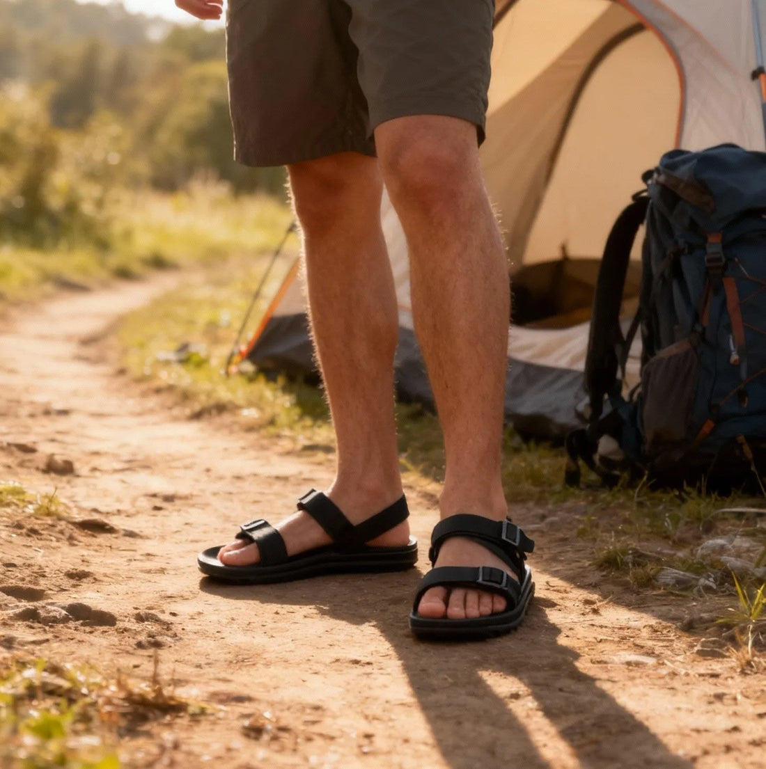 Hiker wearing Jimmies foldable camp sandals on a trail next to a tent and backpack